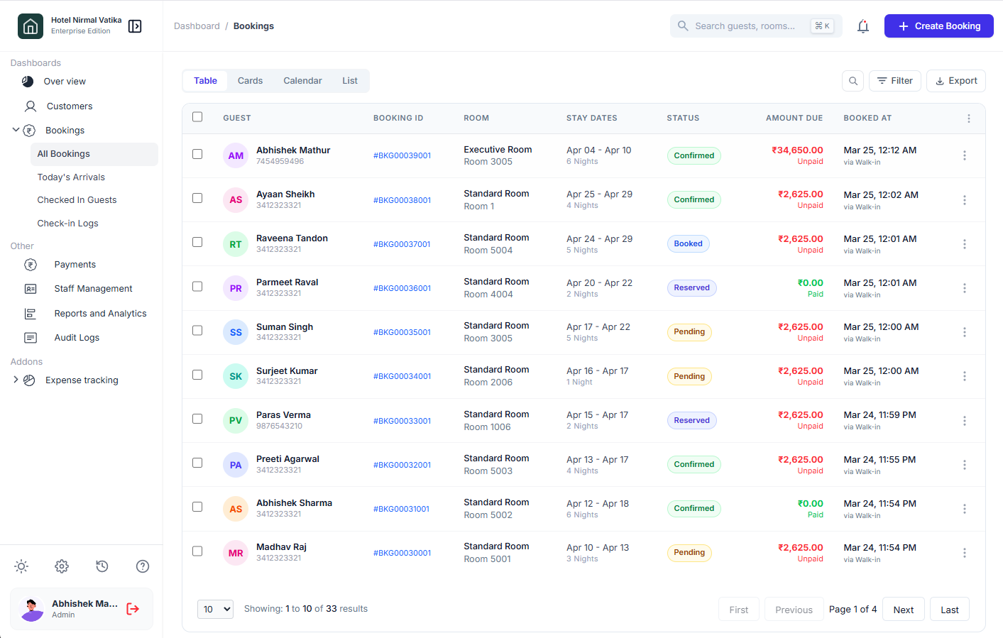 hotel POS booking dashboard with arrivals departures occupancy and room summary, professional UI