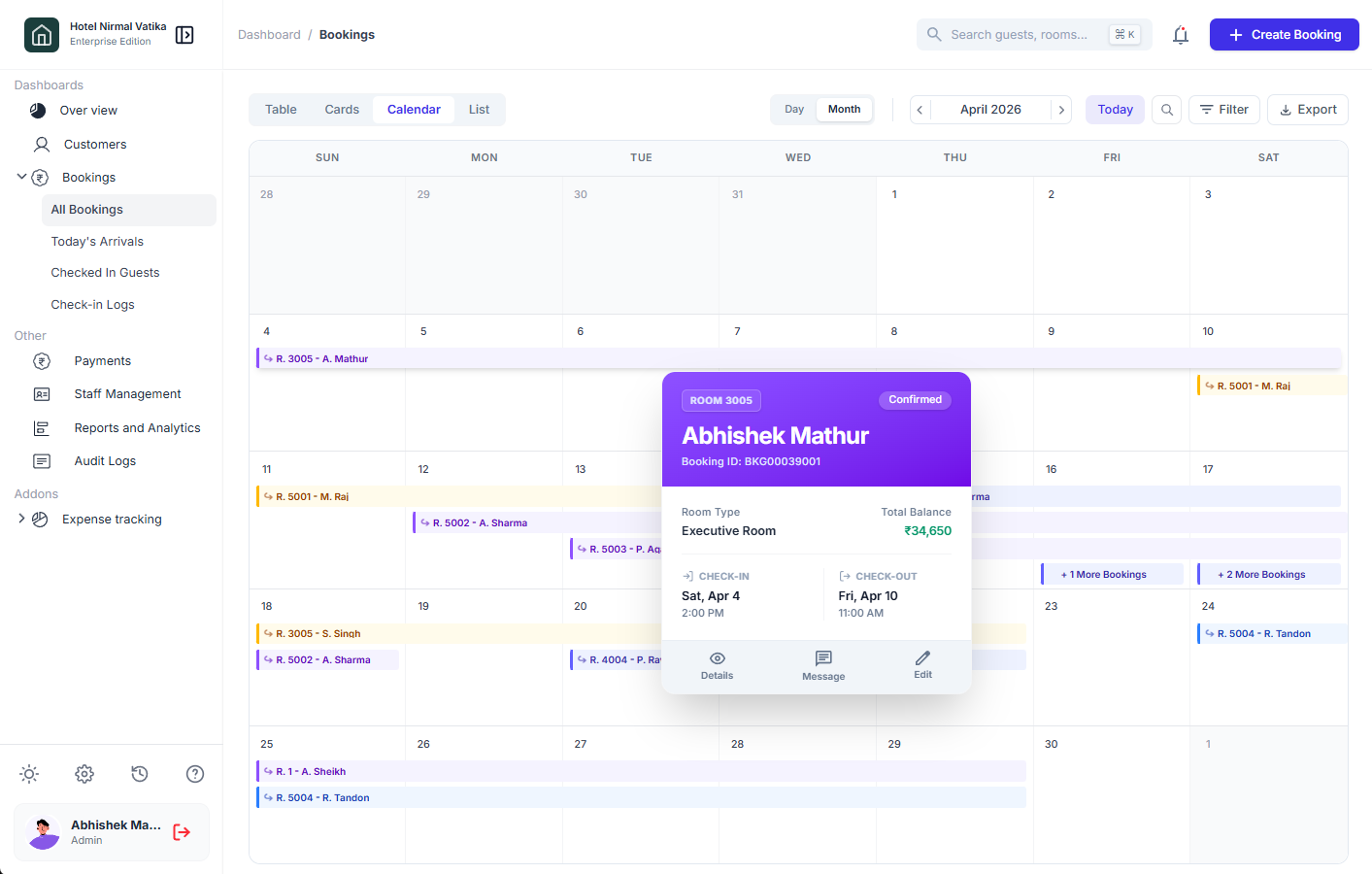 hotel POS system dashboard showing billing and customer management interface