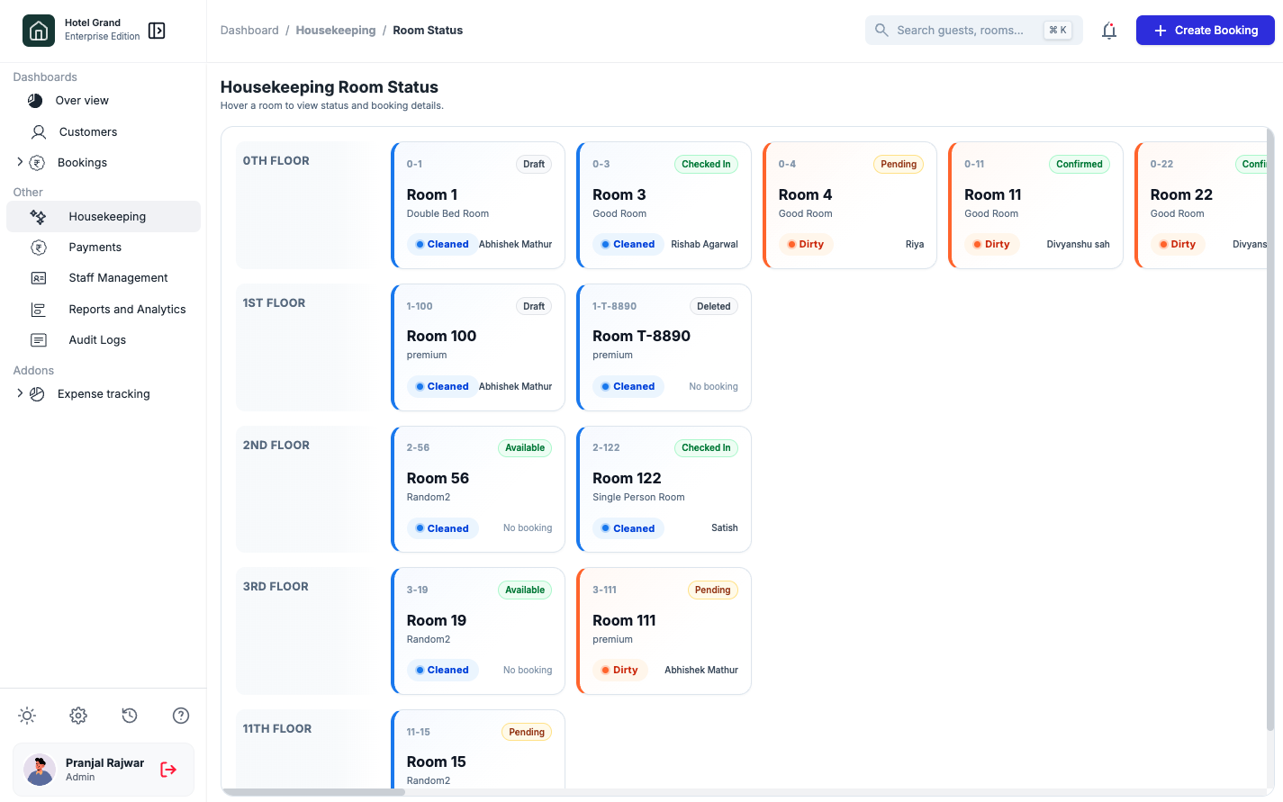 hotel POS room management screen showing room types occupancy and maintenance status, professional UI