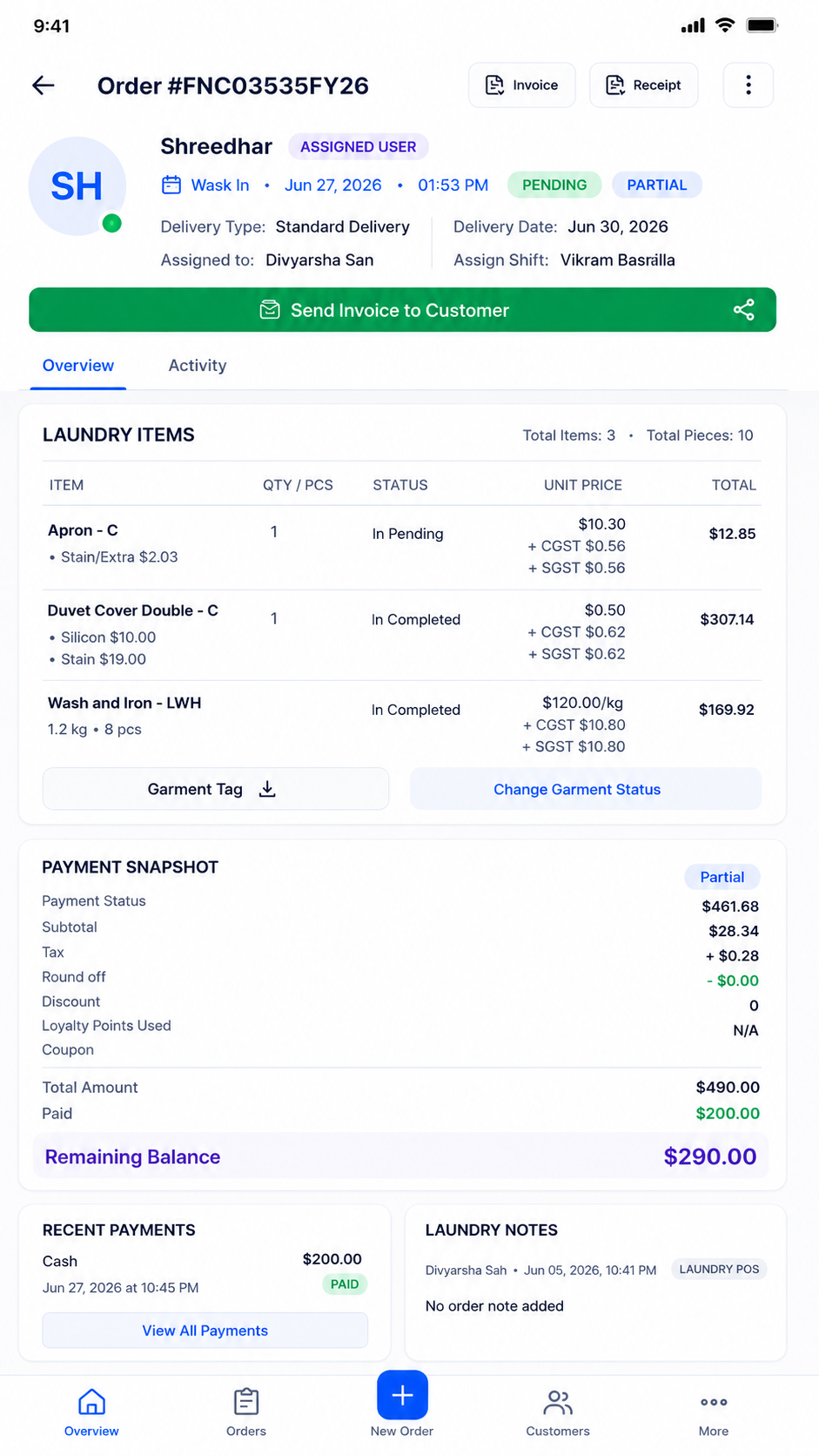 Ezer Laundry mobile app customer management screen on iPhone