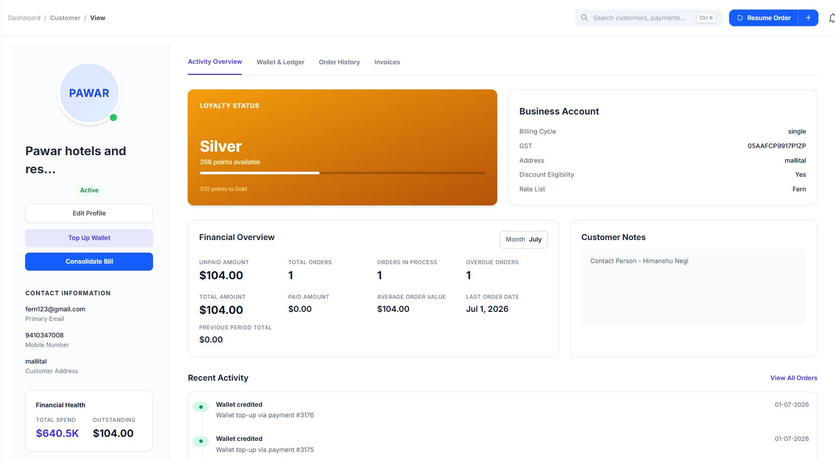 Ezer Laundry customer management screen with order history and profiles