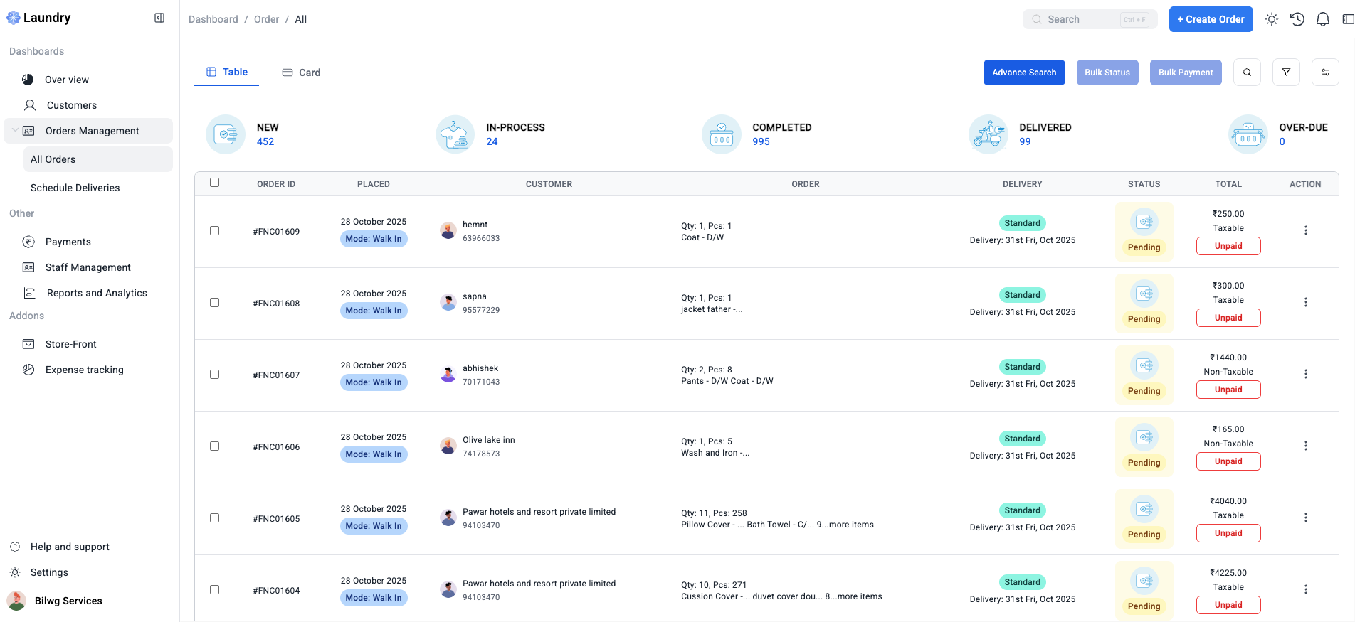 laundry POS system dashboard showing billing and customer management interface, modern UI design with clean layout, professional